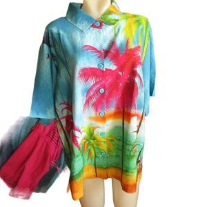 Vtg La Leela Womens Hawaiian Beach Shirt L Tropical Palm Print 100% Terivoile